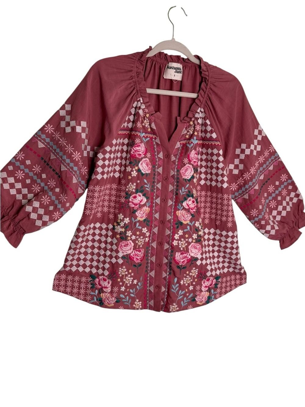 Savanna Jane Maroon Embroidered Boho Blouse Top Small EUC Rose Geometric